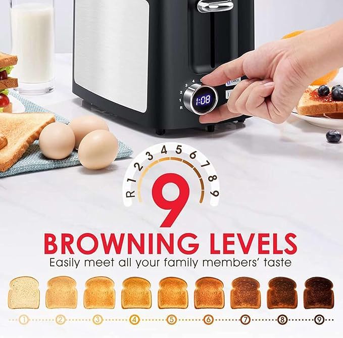 Toaster 2 Slice Wide Slot Toaster Best Rated Prime Display Smart Toasters with LCD Digital Countdown Timer and Bagel/Defrost/Cancel/Reheat Function