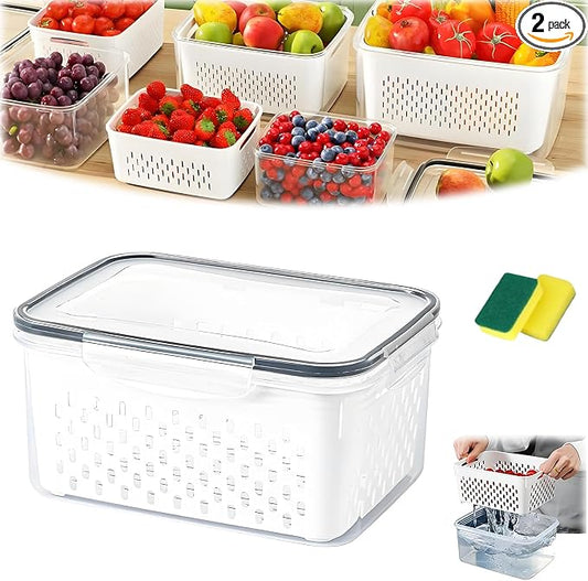 4 in 1 Food Storage Container, Fruit Storage Containers for Fridge, Produce Storage Containers with Lid and Strainer, Including Drain Basket, Multipurpose Large Fruit Containers for Fridge (M-Grey)