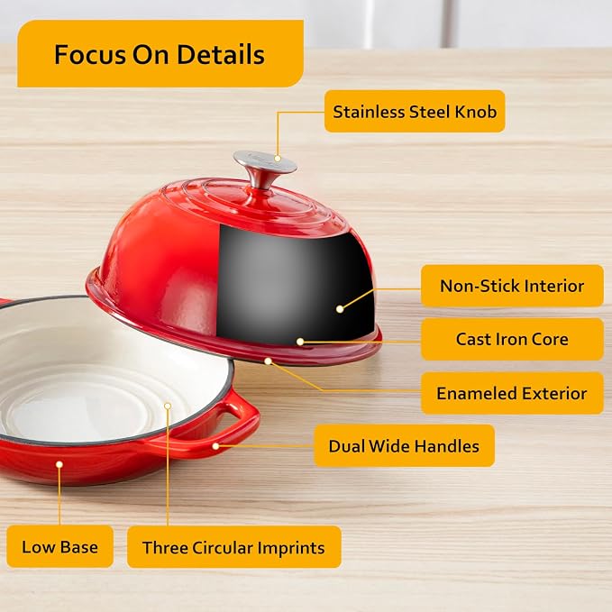 Velaze 5 QT Enameled Cast Iron Dutch Oven for Bread Baking with Dome Lid | Traps Steam for Crispy Artisan Sourdough Bread,Oven Safe,Ergonomic Handles,Gift for Bakers and Bakery Style Loaves,Red