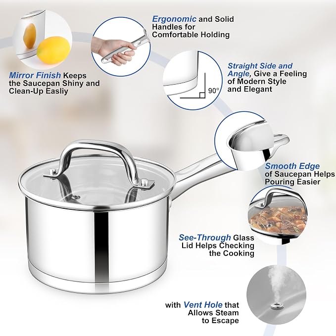 TeamFar 3 qt Saucepan, Stainless Steel Small Sauce Milk Pan with Lid | with Tri-ply Bottom for Cooking/Boiling/Stewing, For Induction/Gas/Electric, Non-Toxic & Heavy Duty, Dishwasher Safe