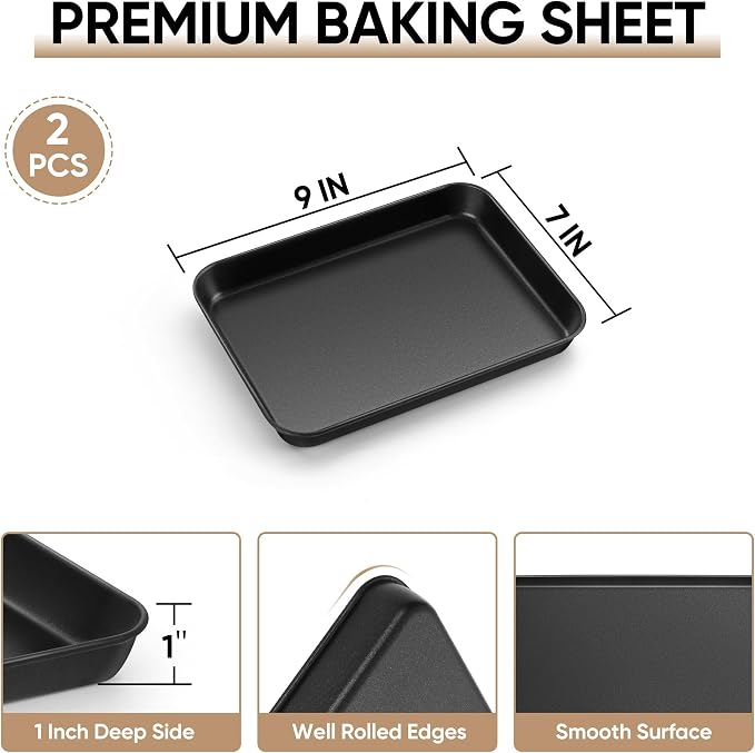 E-far Baking Sheet Set of 2, 9" x 7" x 1" Small Cookie Sheet Pan for Baking | Nonstick Carbon Steel, Half Sheet Baking Pans Trays for Toaster Oven, Roasting/Cooking, Non-toxic & Healthy, Easy Clean