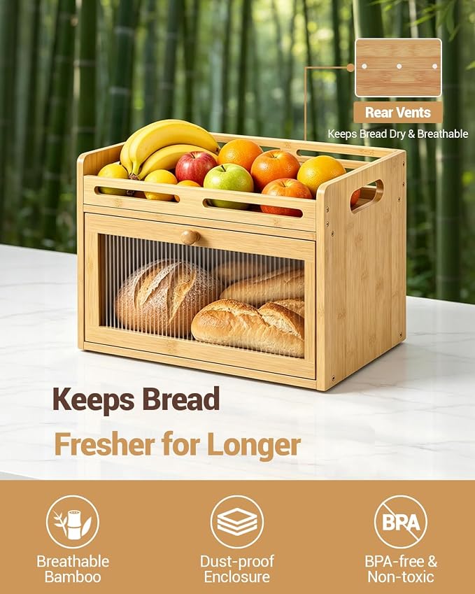 Bread Box for Kitchen Countertop, Bamboo Bread Storage Container with Raised-Rail Top Shelf and Acrylic Window, Farmhouse Breadbox Organizer for Pantry, Fruit, Spices