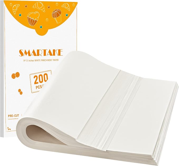 SMARTAKE 200 Pcs White Parchment Paper Sheets, 9x13 Inches, Non-Stick | Pre-Cut Greaseproof Baking Paper, Pure Wood Pulp, Oven Safe up to 450°F, for Cooking, Grilling, Frying, Steaming, Wrapping