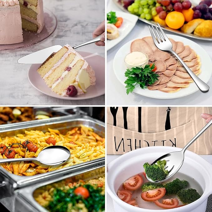 Serving Utensils,XEVOM 6-Piece Stainless Steel Serving Utensil Set Silver | Include Serving Spoon, Slotted Serving Spoon, Serving Fork,Serving Tong, Appetizers Tong,Pie Server,dishwasher safe