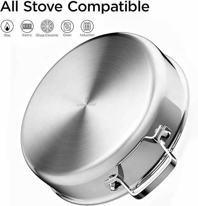 COOKER KING 5Qt Sauté Pan w/Lid, Stainless Steel Braiser, Chicken fryer | Non-Toxic Uncoated Pot, Dishwasher & Oven Safe, Induction Ready, Dual Cool Handle, 3-Ply Clad for Fast Heat