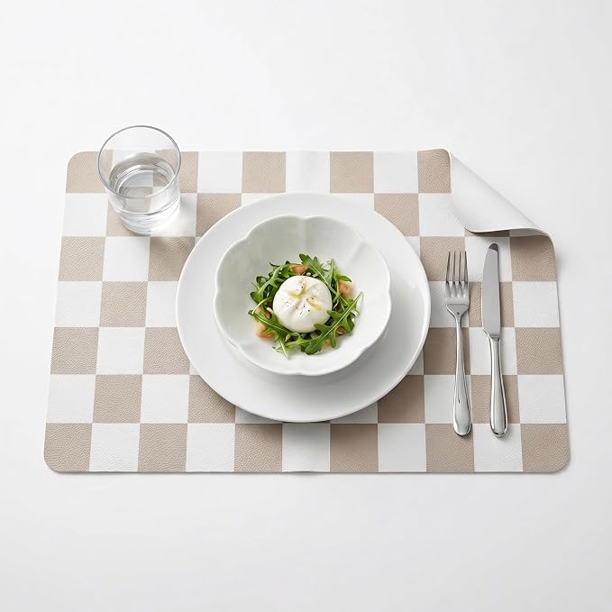 Set of 6 Checkerboard Non-Slip Washable Placemats for Dining Table | Waterproof & Heat-Resistant Faux Leather Mats | Easy Wipe Clean Tablemats for Indoor Dining, 17’’×12’’, Sage Green