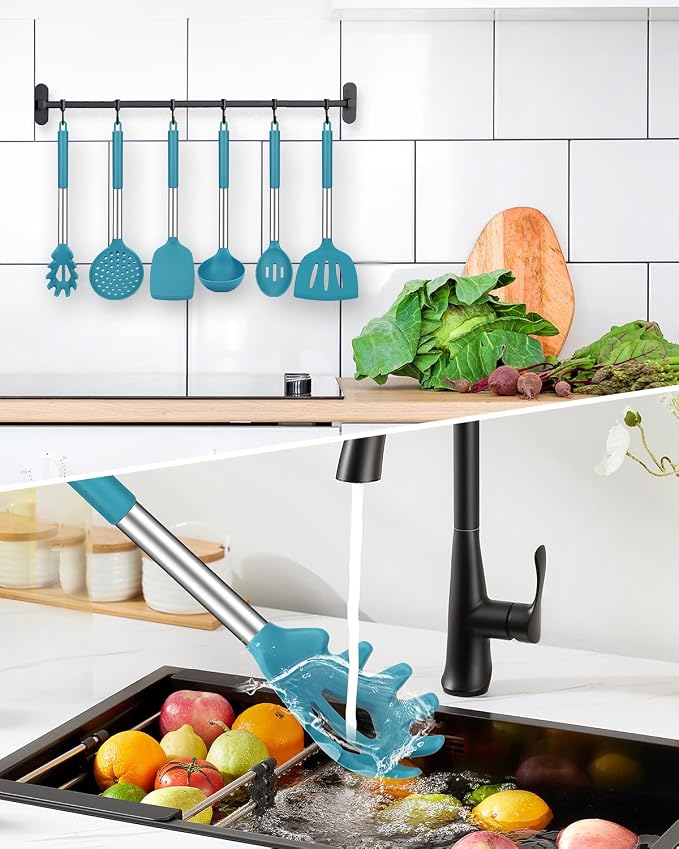 Silicone Cooking Utensils Set, 8 Pcs Kitchen Utensils with Holder, Blue | BPA Free and Heat Resistant, Kitchen Tools for Non Stick Cookware include Spatulas, Turners, Spoons, Skimmer and Pasta Fork