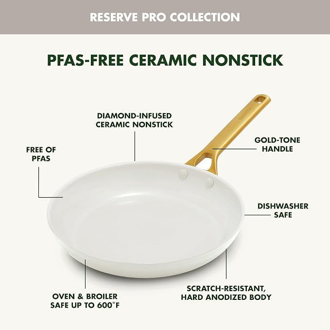 GreenPan Nonstick Reserve Pro 8" Frying Pan, NSF Certified Ceramic, Hard Anodized PFAS-Free Skillet, Stainless Steel Handles, Oven & Dishwasher Safe, Cream White