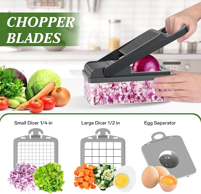 HomeHacks Veggie Chopper Vegetable Cutter, 12 in 1 Kitchen Gadget, Grey | Dicer, Slicer, Cutter, Slap Chop, Cheese Grater & Egg Separator - Multi-Functional Salad Fruit Onion Chopper with Container