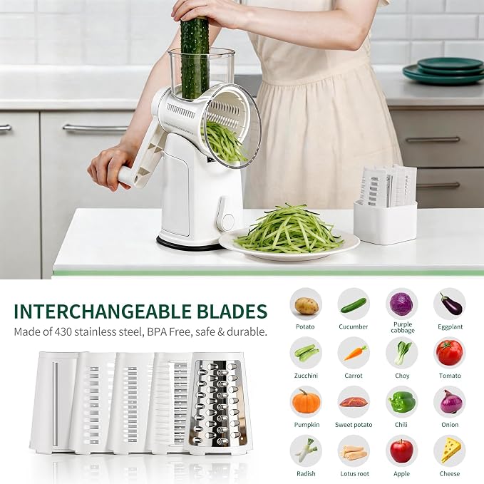 The CoveCarol rotary cheese grater comes with 5 blades and 3 tools: a round mandolin slicer and a food shredder. Suitable for fruits, vegetables, nuts, etc., it includes a blade storage box. (White)