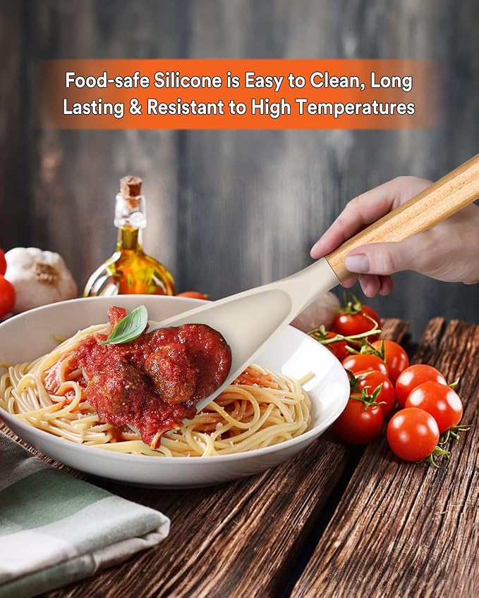 Multifunction Cooking Spoon for Nonstick Cookware,11.4"&13.4",Khaki | Great for Cooking and Serving, Sturdy BPA-Free Matte Silicone, Wood Handle spoonula for Mixing, Scoop, and Scrape
