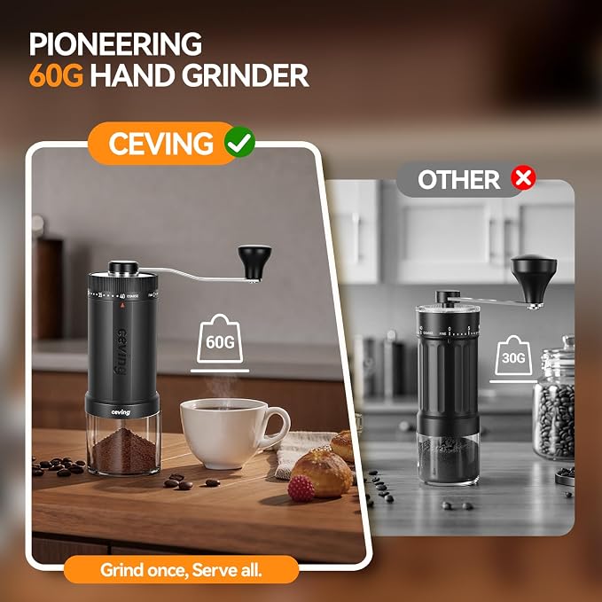 CEVING World's First 60g Large Capacity Manual Coffee Grinder, Gray | 40 External Settings, Portable Hand Coffee Bean Mill with Ceramic Conical Burr for Travel, Camping, Drip, Pour Over & Gift