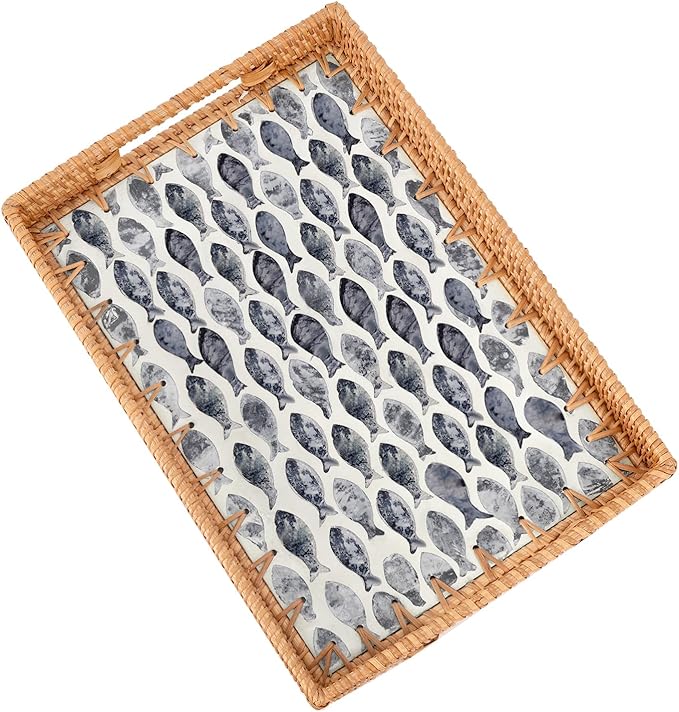 Rectangle Rattan Tray with Mother of Pearl Inlay, Rattan Serving Tray with Handle for Coffee, Bread, Fruits, Snacks, Decorative Wicker Tray for Table Decor (Rectangle Black Fish, 13"×9")