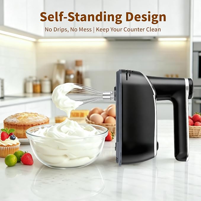 binROC Cordless Electric Hand Mixer, 12-Speed with Storage Case, Black | Rechargeable, Eject Button, LED, Self-Stand, 6×304 Stainless Attachment, Overheat Protection, Quiet for Baking Dough Cake Egg