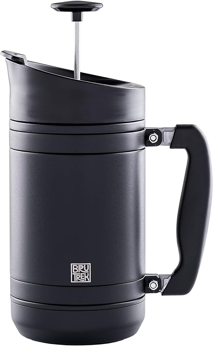 BruTrek by Planetary Design | BaseCamp French Press | 32 fl.oz - Obsidian | Double Wall Insulated Stainless Steel - Bru-Stop Technology, No Grounds in Coffee, No Spill Lid (Obsidian, 32 fl.oz)