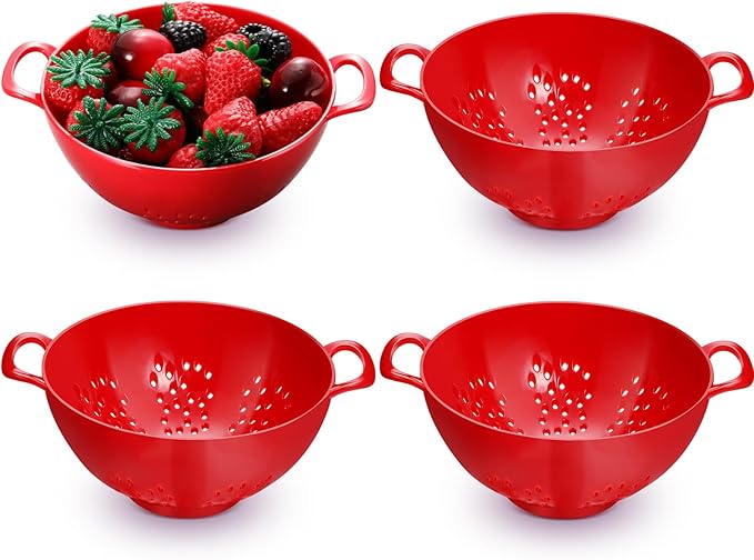 4 Pack Mini Colander for Kitchen Plastic Berry Strainer with Double Handles 7.5 x 6 x 3 Inch Small Colander Strainer for Fruits Vegetables Food (Red)