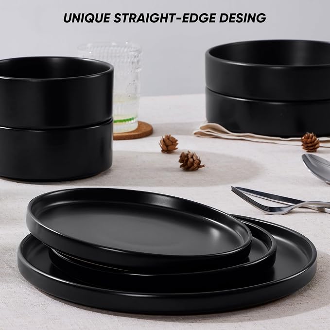 E-far Black Dinnerware Sets with Pasta Bowls, 24-Piece, Matte Black | Stoneware Plates and Bowls Sets for 6, Chip and Scratch Resistant, Microwave & Dishwasher Safe Kitchen Modern Dish Set