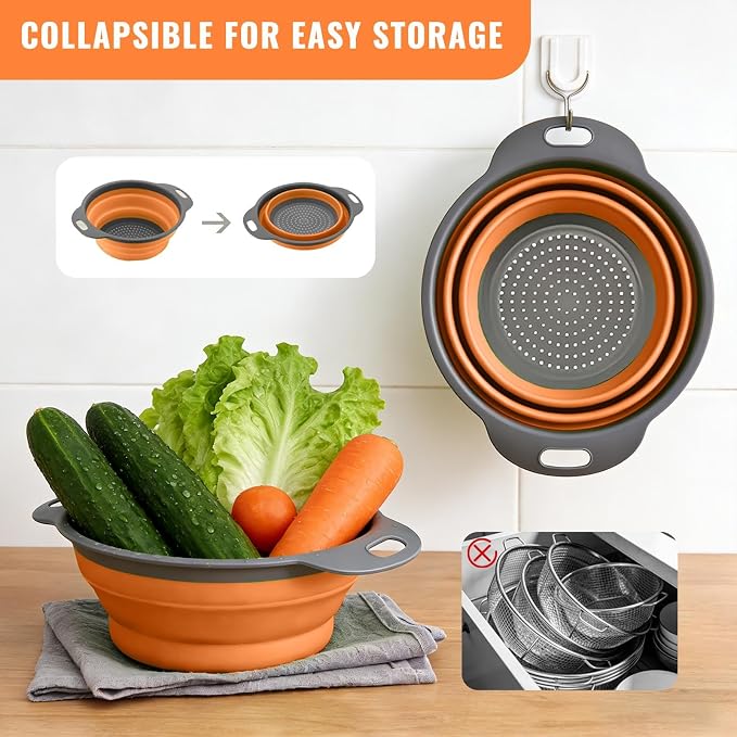2 Pack Collapsible Silicone Colander with Handle, Over Sink Foldable Food Strainer, BPA-Free Space Saving Drain Basket for Vegetables, Fruits, Pasta, Kitchen & Camping (Orange)