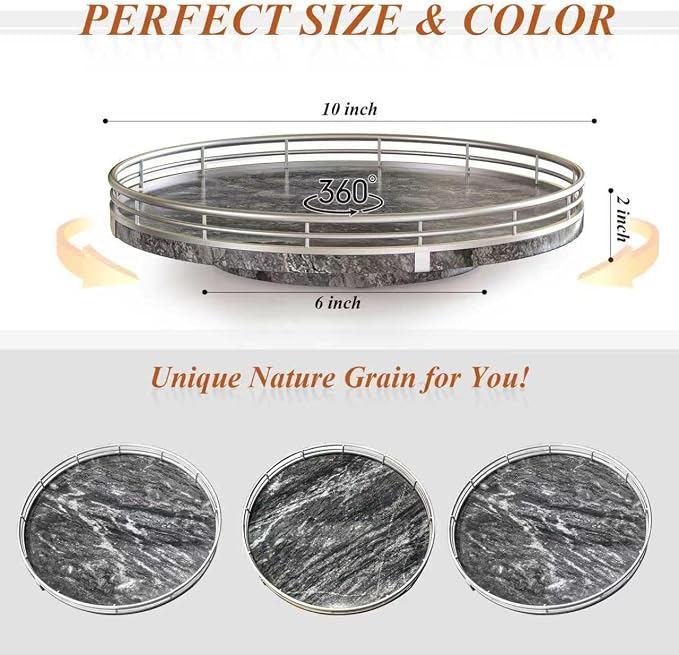 AHM10-Inch Gray Marble Lazy Susan with Silver Iron Frame | Smooth rotating oak tray with walnut finish for dining tables, kitchen counters, pantries and cabinet storage.