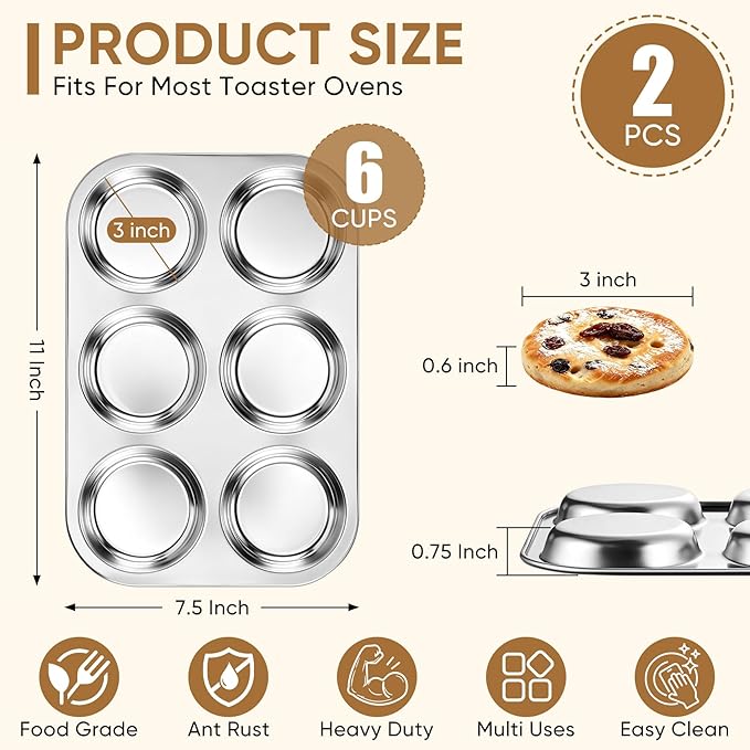 TeamFar Muffin Top Pan, 2 PCS 6 Cavity Stainless Steel Shallow Cupcake Pan | Muffin Tin for Baking Yorkshire Pudding, Whoopie Pie, Egg Bite, Hamburger Bun, Non Toxic & Dishwasher Safe