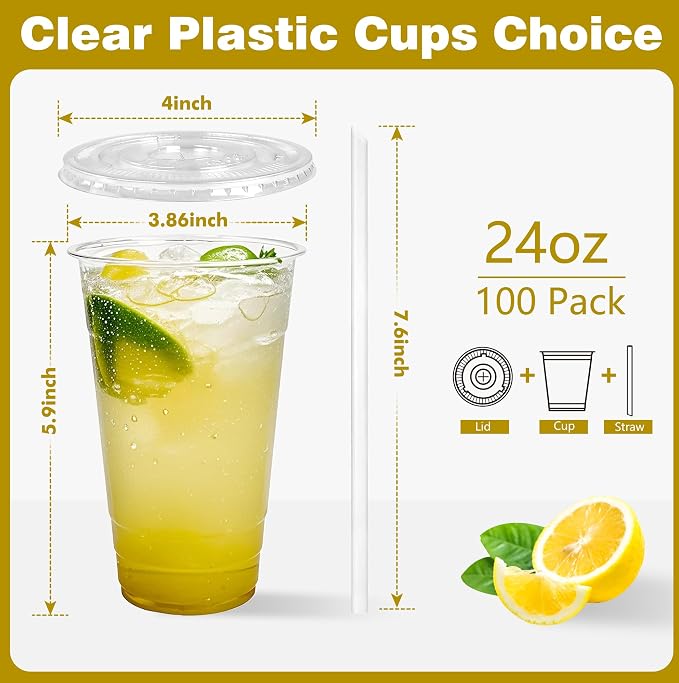 Charmount 24 oz Clear Plastic Cups with Lids and Straws | 100 Sets Disposable To Go Cups for Cold Drinks, Iced Coffee, Coffee Bar Accessories, Smoothies