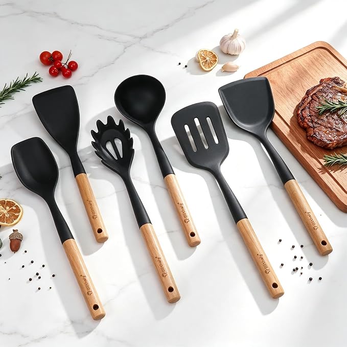 Large Silicone Kitchen Utensils Set, 6 PCS Nonstick Cooking Utensils Set with Wooden Handle, Heat Resistant and BPA Free Silicone Utensil Spatula Set for Cooking with Turner, Spoon and Ladle(Black)