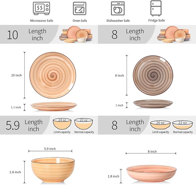Selamica Ceramic Plates and Bowls Sets,24 Pieces Dinnerware Sets for 6,Scratch Resistant Dish Set for holiday gathering,Dishwasher & Microwave Safe, Maillard