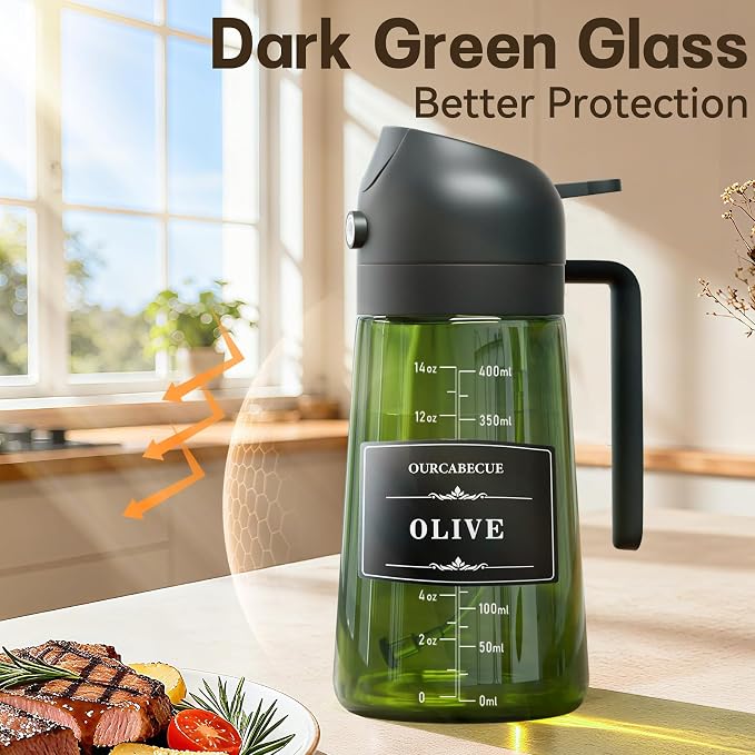 Olive Oil Sprayer & Dispenser for Cooking, 16oz Dark Glass Oil Mister, 2PC | 2-in-1 Oil Sprayer & Pourer, Fine mist, Light-Blocking, Wide Mouth, Easy Refill & Clean, 8 Oil Labels, Reusable, with Scale