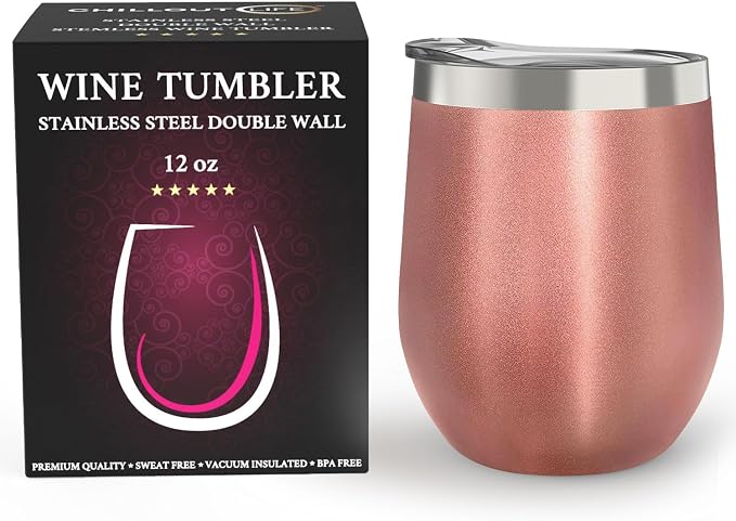 CHILLOUT LIFE 12 oz Stainless Steel Wine Tumbler with Lid - Double Wall Vacuum Insulated Wine Cup Glass Keeping Cold & Hot for Coffee, Champagne, Cocktails, Ice Cream - Rose Gold