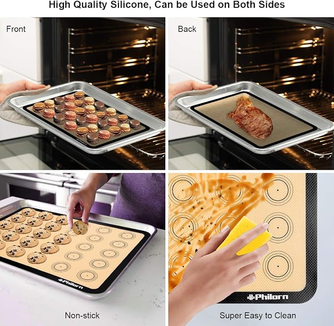 Philorn Silicone Baking Mat Set, 16.5" x 11.42" Macaron Mat | 2 Pack Non-Stick Macaron Baking Mats With Tools, Food Safe, Reusable for Oven, Cookie, Bread