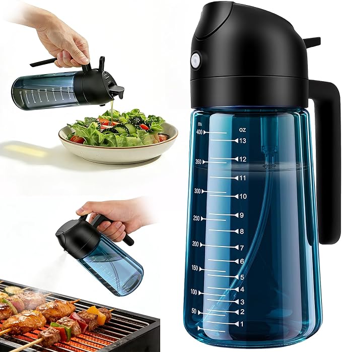 16 oz Glass Olive Oil Sprayer for Cooking, Fine Mist & Pour | 2 in 1 Olive Oil Dispenser Bottle for Kitchen Gadgets and Air Fryer Accessories, Salad, BBQ, Baking - 1-Pack, Blue Black