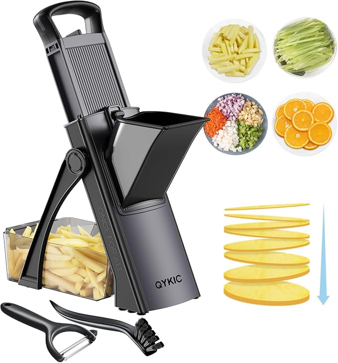 QYKIC Safe Mandoline Slicer Pro for Kitchen, Adjustable 0.1-8mm 7 in 1 | Potato Slicer Onion Chopper Fry Cutter Julienne Dicer Large Chute Stainless Steel Blades Detachable Dishwasher Safe Gifts