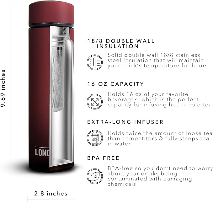 The London Sip Multi-Purpose Travel Mug and Tumbler Fruit Infused Flask Hot and Cold Double Wall Stainless Steel Thermos with Extra-Long Infuser, Sacred Red