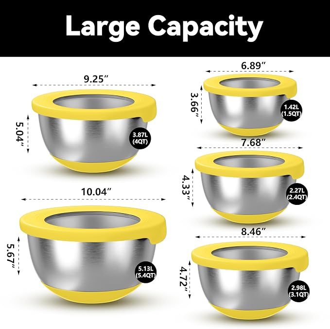 KITEISCAT Stainless Steel Mixing Bowls with Lids – Set of 5 Large Nesting Metal Bowls for Kitchen, Baking, Cooking, Food Prep & Storage, Non-Slip Base, Dishwasher Safe,Yellow