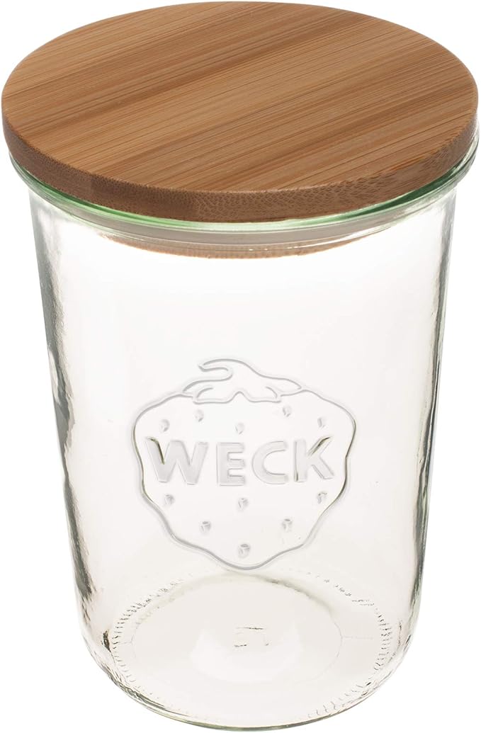 WECK Canning Jars 743-25.3 fl. oz Mold Jars - Eco-Friendly Canning Jar - Storage for Food, Yogurt with Air Tight Seal and Lid - 3/4 Liter Tall Jars Set - Set of (2 Jars with Wooden Lids)