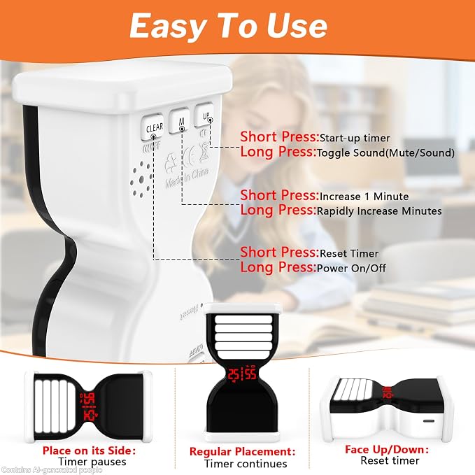 Pomodoro Timer for Productivity, Visual Digital Hourglass Timer | 5/25Min Preset, Custom Countdown Count-up, On/Off, Loud Alarm Mute, Rechargeable Flip Timer for ADHD Tool Study Work Kitchen
