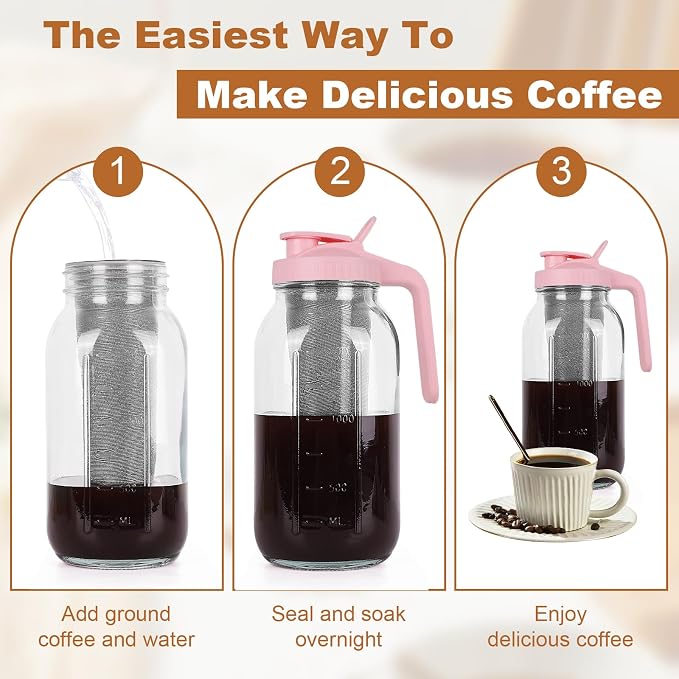 Cold Brew Coffee Maker, 64 oz Mason Jar Pitcher with Stainless Steel Filter, Pour Spout Handle Lid, Heavy Duty Glass Airtight & Leak-Proof for Iced Coffee,Tea & Lemonade