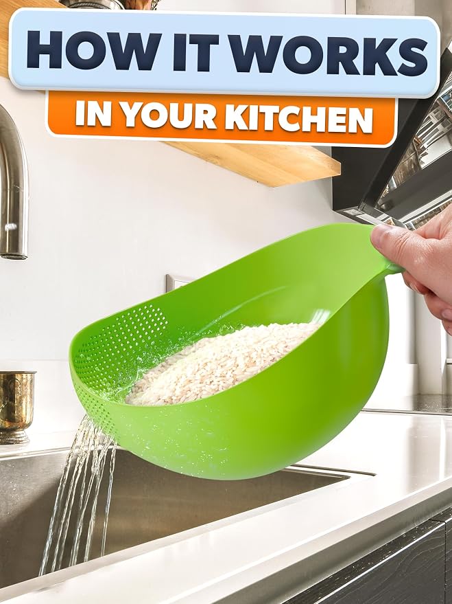 1.7L Rice Strainer with Handle, 9.4 In, Lightweight, ABS (Green) | Rice Washer Strainer Bowl; Drains Water Fast; Rinses Rice, Cereals, Pasta, and Veggies; Easy-Grip Handle; Dishwasher Safe