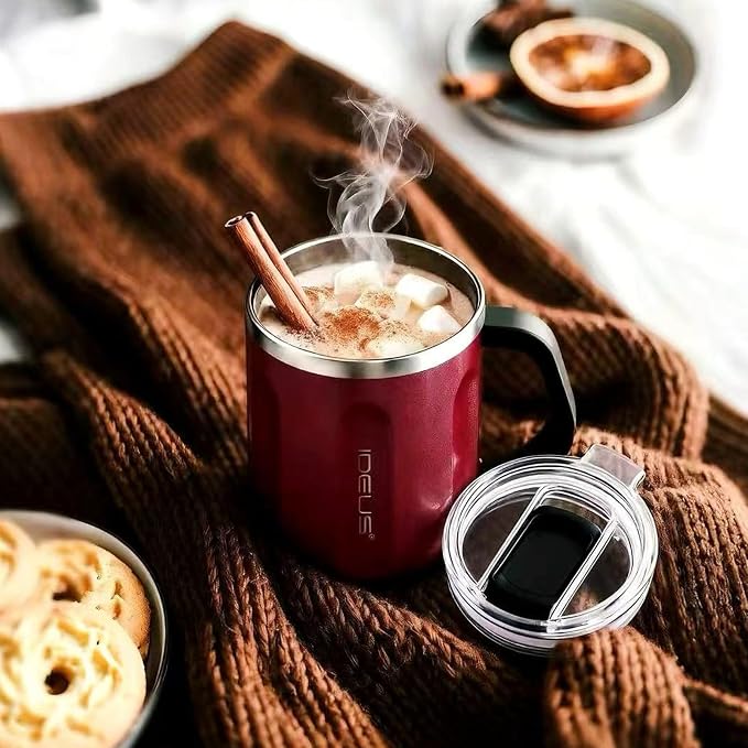 Ideus 16 oz Insulated Coffee Mug with Handle and Lid, Double Wall Stainless Steel Vacuum Thermal Coffee Mug, Travel Coffee Cup Thermal Cup for Home and Office, Burgundy-FUJI FLOW