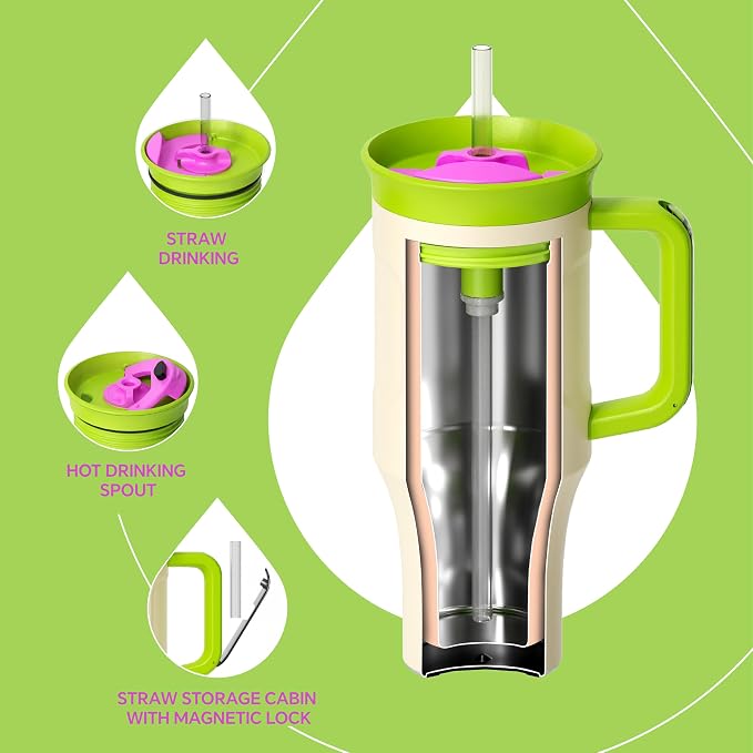 Ideus 32 oz Tumbler with Handle and Straw, Cream White | 100% Leak Proof, Double Wall Vacuum Insulated, Stainless Steel Travel Mug, Cup Holder Friendly