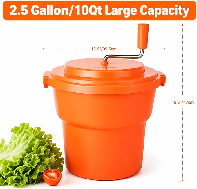 Commercial Salad Spinner 2.5 Gal / 10 Qt Heavy Duty Manual Lettuce Dryer with Stainless Steel Shaft, Large Capacity Vegetable Dryer Basket with Brake & Drain System for Restaurant Kitchen & Food Prep