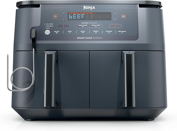 Ninja 6-in-1 10 QT Air Fryer, Foodi Smart Thermometer, Roast, Bake, Air Fry, Crisps, Broil, Reheats, Keep Warm, Fries, Frozen Food, Veggies, & Meat, Light Grey, DZ550GY (Renewed)