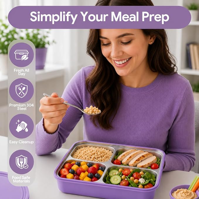 Large 11" x 8" Stainless Steel Bento Lunch Box for Adults with 4 Compartments Leakproof Lid BPA-Free 304 Stainless Steel Food Container That Keeps Food Separate, Ideal for Office and Travel use, Pink