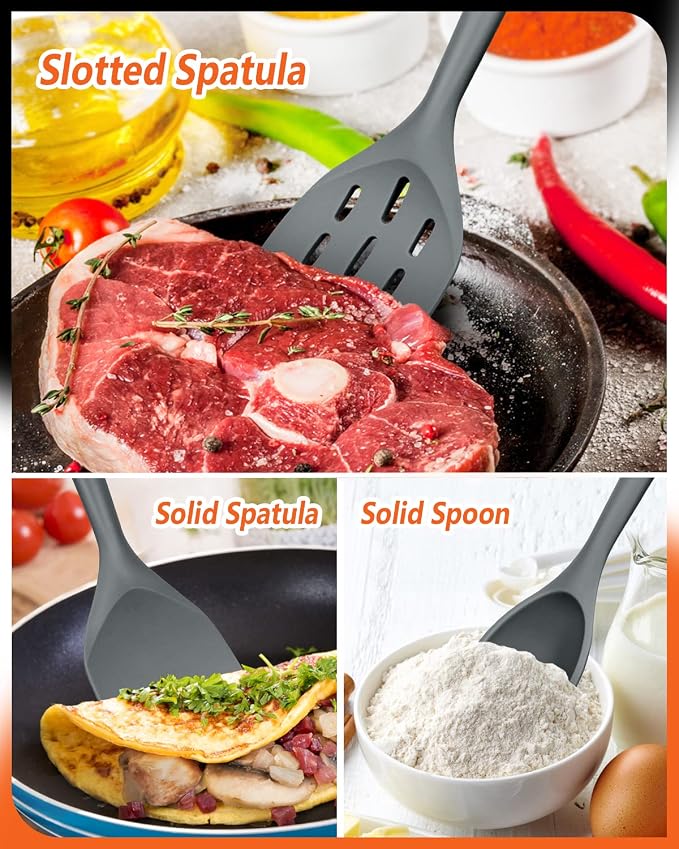 Pack of 3 Silicone Spatula, Non Stick Cooking Utensil Set, Grey | Heat Resistant, Non Scratch, Wooden Handle Kitchen Turner for Baking Mixing Grilling Serving Food