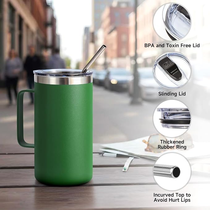 Volhoply 22oz Insulated Stainless Steel Coffee Mugs with Leakproof Lid Bulk 2 Pack,Double Wall Vacuum Travel Coffee Cup with Handle,Reusable Metal Tumbler,Camping Mug Keep Hot&Cold(Army Green,2)