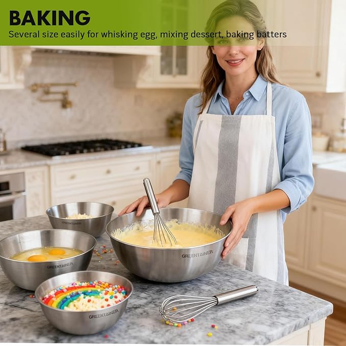 Greentainer Stainless Steel Mixing Bowls Set of 5 | 5.2 to 0.8 Qt Nesting Bowls with Measurement Markings | Dishwasher Safe | Metal Kitchen Bowls for Baking, Prepping, Cooking and Serving Food