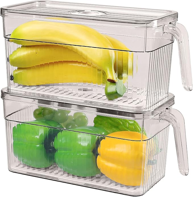 2 Pack Plastic Food Storage Produce Containers for Fridge, Stackable Lettuce Keeper for Refrigerator with Removable Drain Tray Keep Fresh for Vegetables/Fruit/Berry/Salad - 10'' x 5.3'' x 5.2''