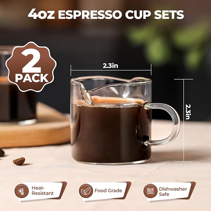 4 Oz Espresso Cups Set of 2 Double Spout with Handle Coffee Bar Accessories | Food-grade clear durable glass, Easy to clean, Smooth pouring, Ideal for coffee, desserts and salad dressing