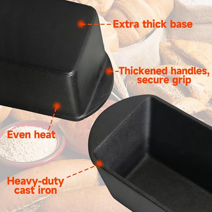 Black Cast Iron Loaf Pan with Lid, 13.8 Inch Bread Baker for Sourdough | For sandwich bread, banana bread, pound cake, meatloaf, casseroles and home oven baking.