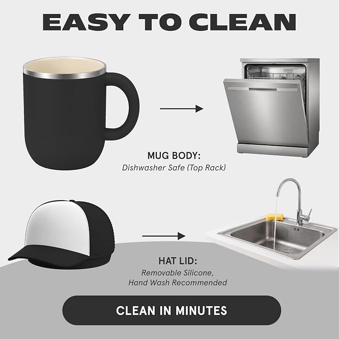 asobu Happy Hat Mug – 12 oz Double-Walled Stainless Steel Insulated Cup with Beanie-Shaped Lid – Ceramic Inner Coating – Spill-Proof and Ergonomic Design for Home and Travel (Black)